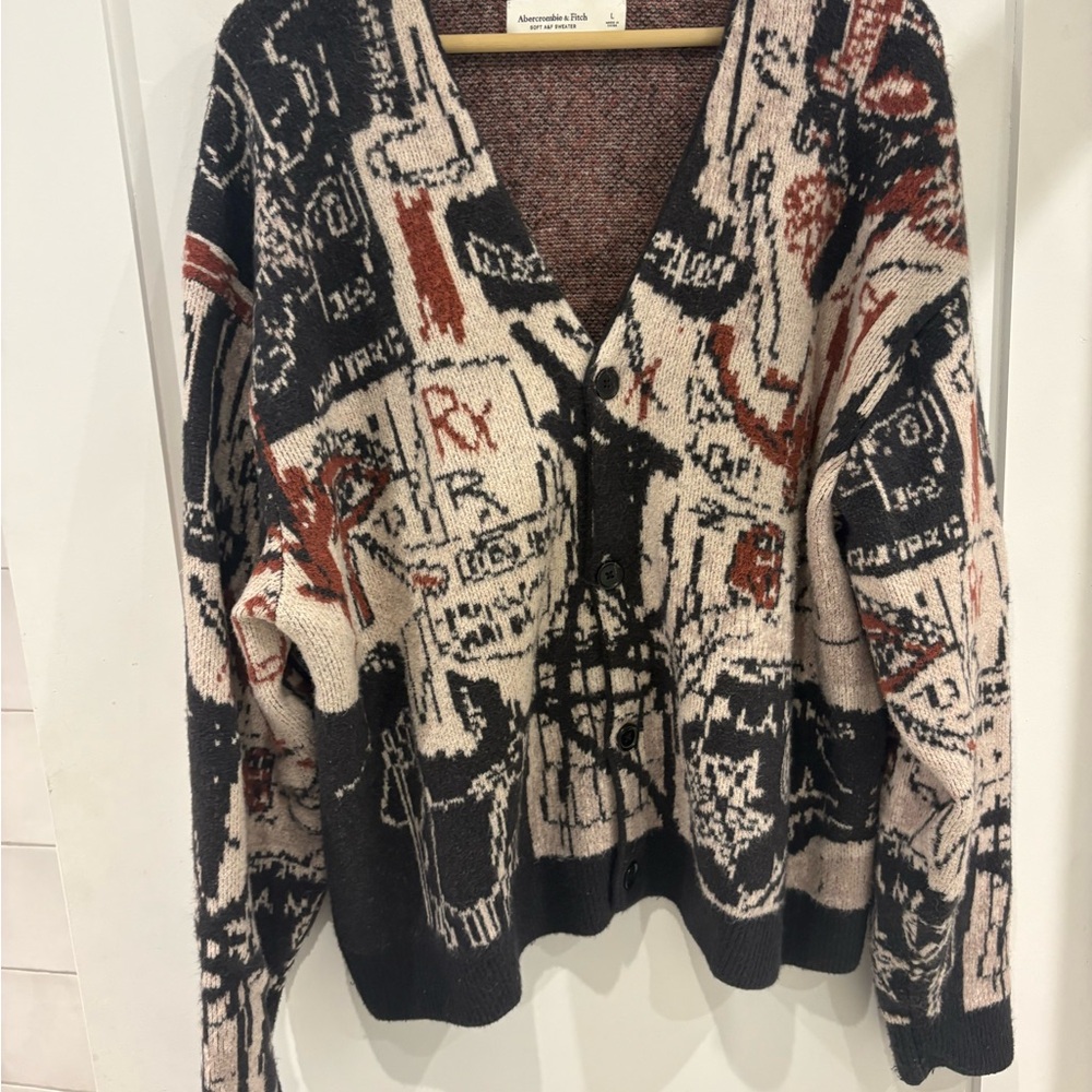Abercrombie & Fitch Black, Cream & Rust Graphic V-Neck Cardigan